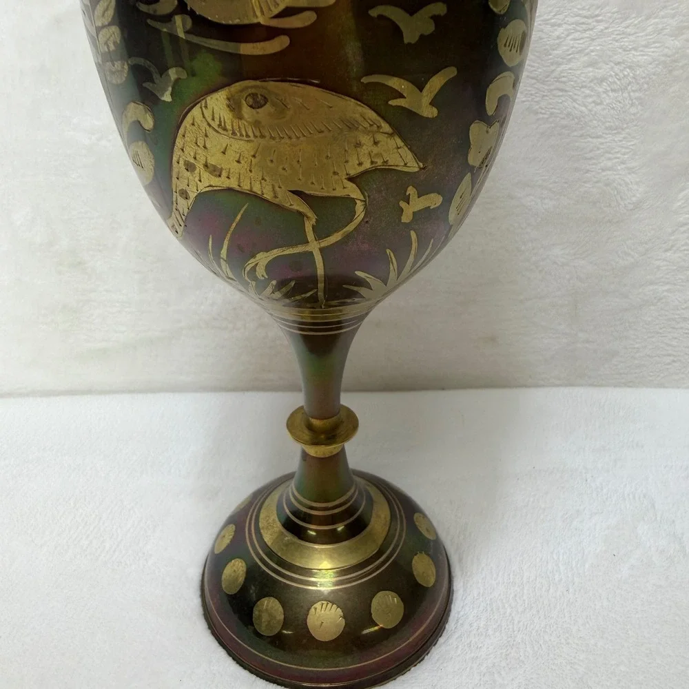 VTG Iridescent Brass Vase Etched Heron Floral Scalloped Rim Pedestal‎ 12 inch